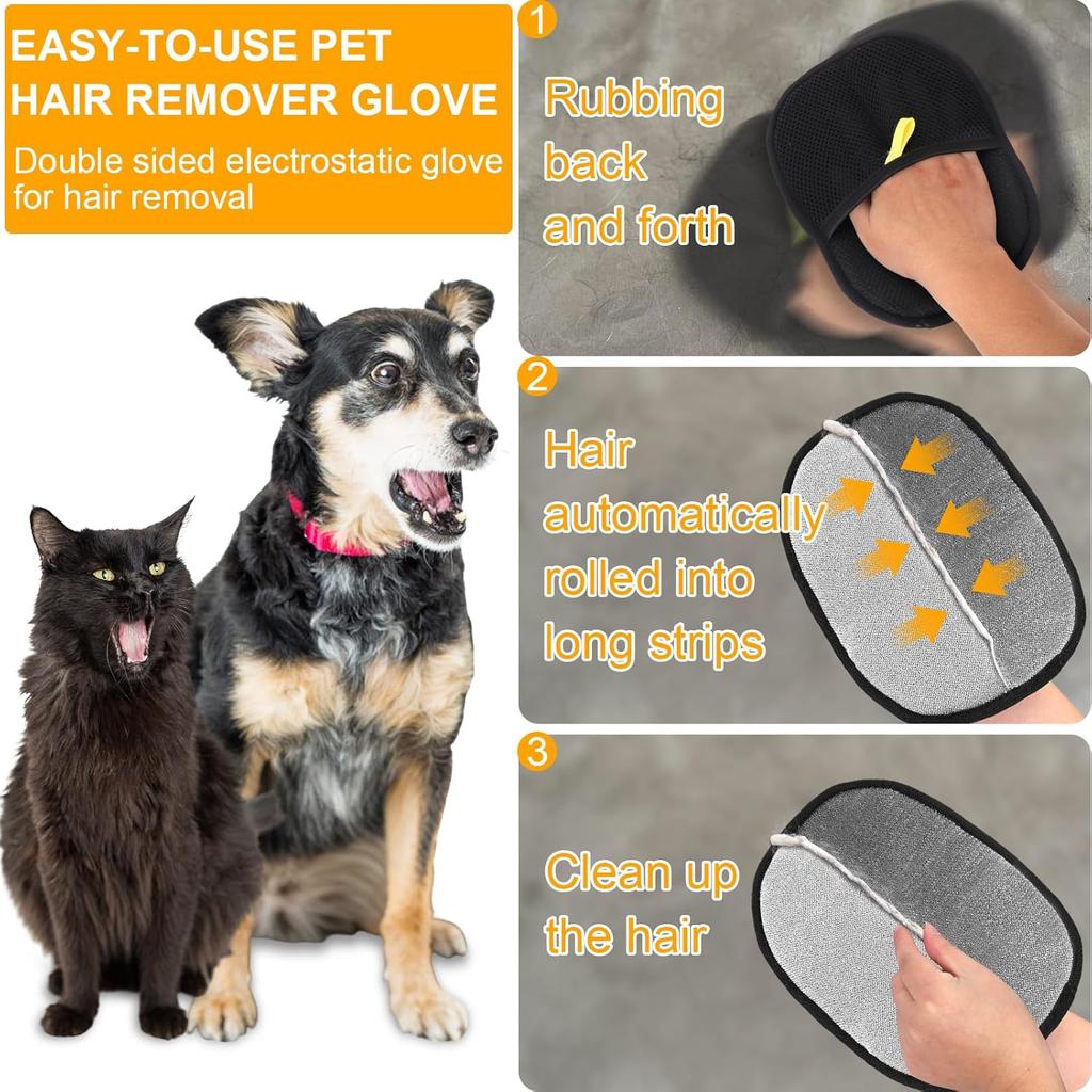 Pet Hair Removal Gloves Reusable Static Removal Gloves, Double-Sided Grooming Gloves for Pets, Removes Pet Fur Hair for Carpets