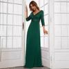 Abito da sera da donna in chiffon con scollo a V profondo, manica lunga, linea ad A, patchwork di paillettes