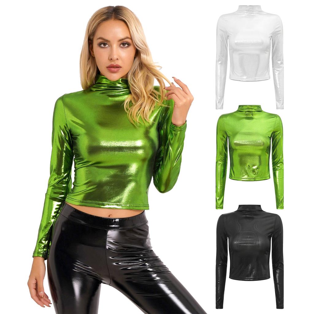 Womens Metallic Long Sleeve T-Shirt Fashion Shiny Top Slim Fit Mock Neck Tops Cocktail Dancing Party Club Music Festival Costume