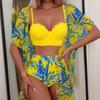 Women Three Piece Swimsuit Set With Leaf Print High Waist Bikini And Sheer Cover Up For Beach Swimming Water Sport Adult Summer Wear