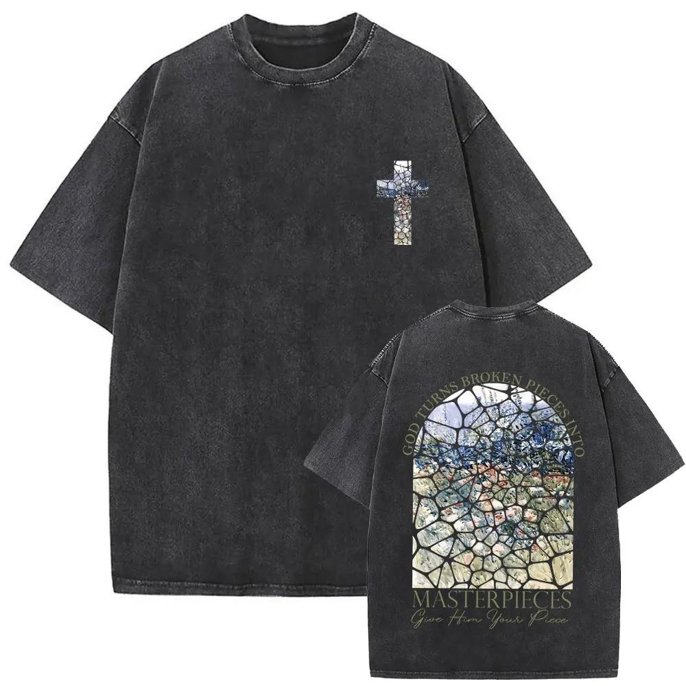 Harajuku Cotton Tshirt Christian Jesus Faith Over Fear Bible Verse Washed Tshirts Men Women Fashion Vintage Oversized T Shirts