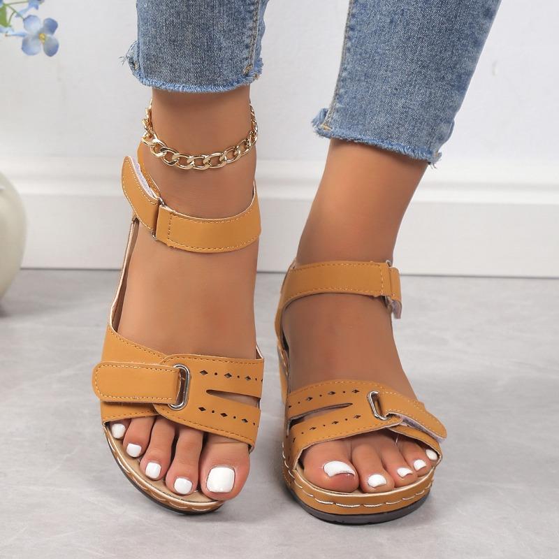 Summer New Fashion Sandals Women's Wedge Heel Velcro Thick Sole Large Size One-word Sandals