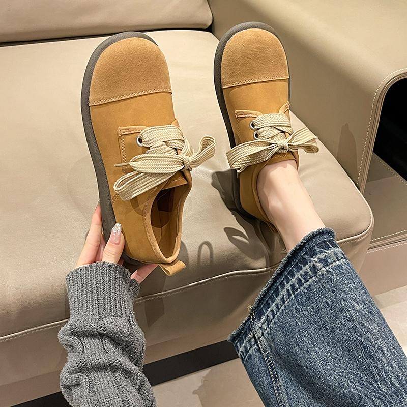 Fashion 2024 Lace up Vintage Bucken Shoes for Women New Thick Sole Pea Shoes Genuine Leather Cow Reverse Fur Sen Series Single Shoes