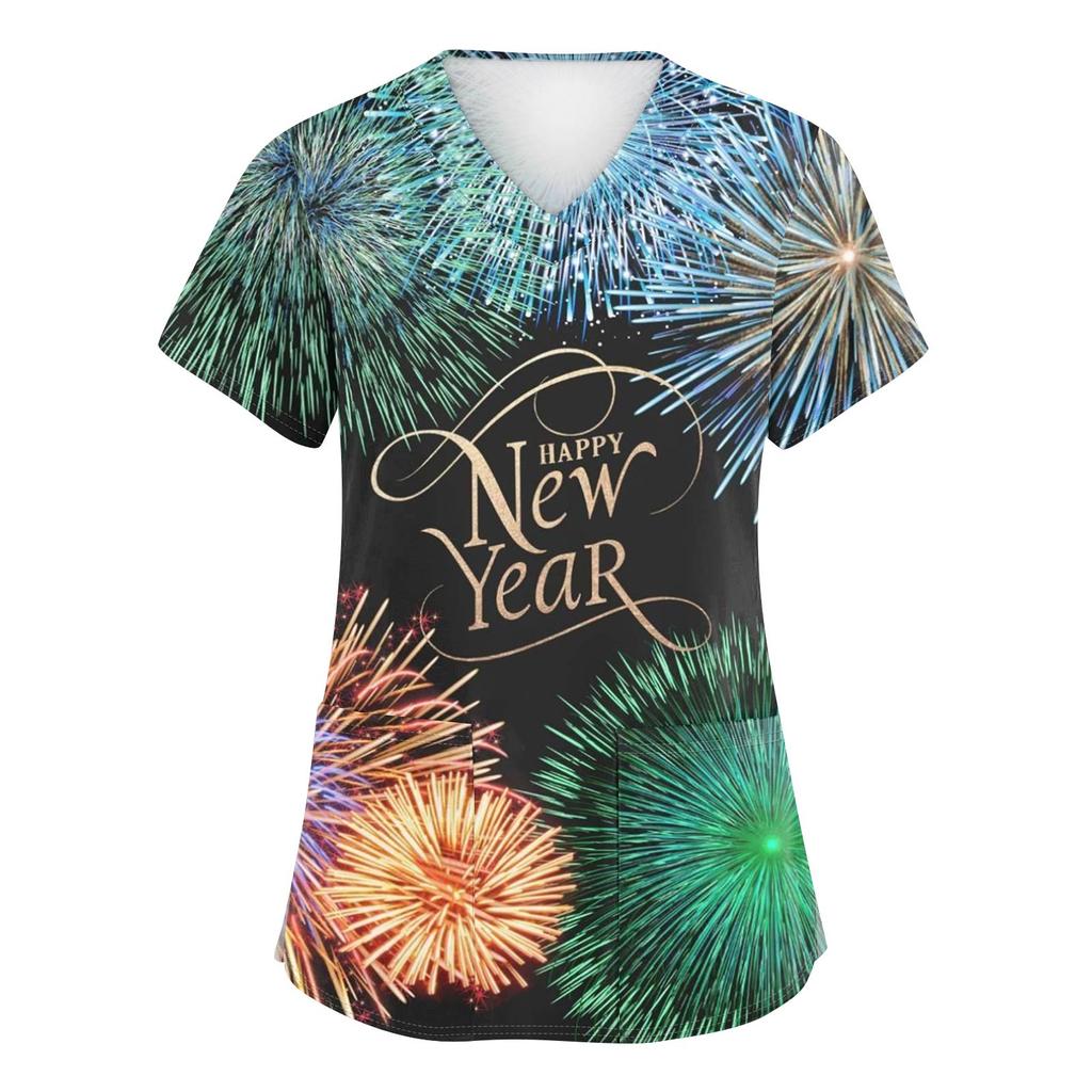 Women's Fashion Printed Short Sleeve V Neck Pattern Tops Pocket Working T-shirts