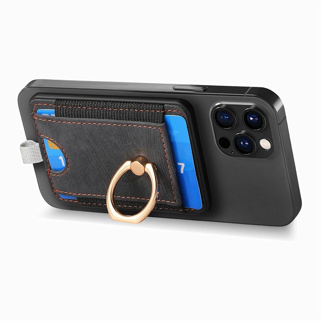MC-W6 Universal Magnetic Card Holder with Ring Kickstand PU Leather Phone Card Bag