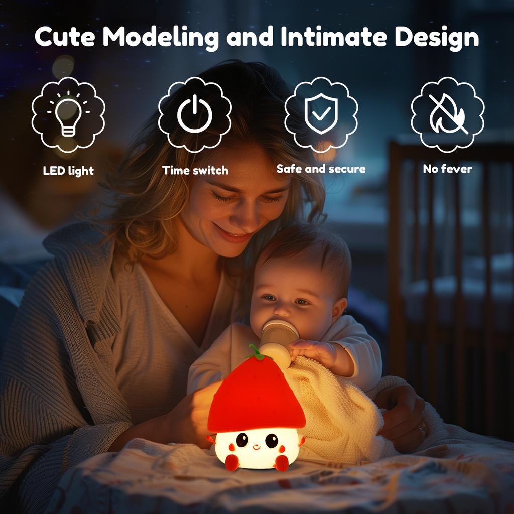 1Pc Cute Strawberry Night Light Silicone Rechargeable Nightlight Dimmable LED Strawberry Bedside Table Lamp for Bedroom Kid Room