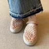 2025 new holiday style straw woven mesh bag head sandals women's niche leisure word with slope heel thick bottom cool slippers