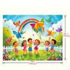 Fundal 2D de Vară pentru Copii, Copii Fericiți Ținând Balonașe cu Fluturi pe Pajiște, Fundal Fotografic pentru Fotografii de Familie & Copii