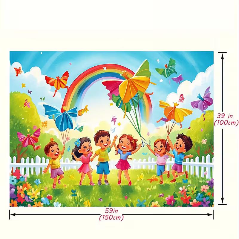 

2D Summer Kids Backdrop, Happy Children Holding Butterfly Balloons in the Meadow Photography Background for Family & Kids Photos 47.2x31.5inch/120*80cm