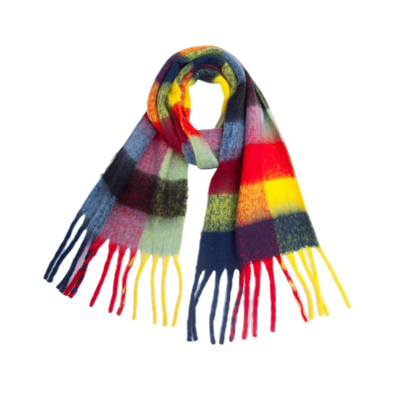 Winter Yarn Thicken Style Luxury Multicolour Plaid Faux Mohair Scarf Women Tassel Long Ring