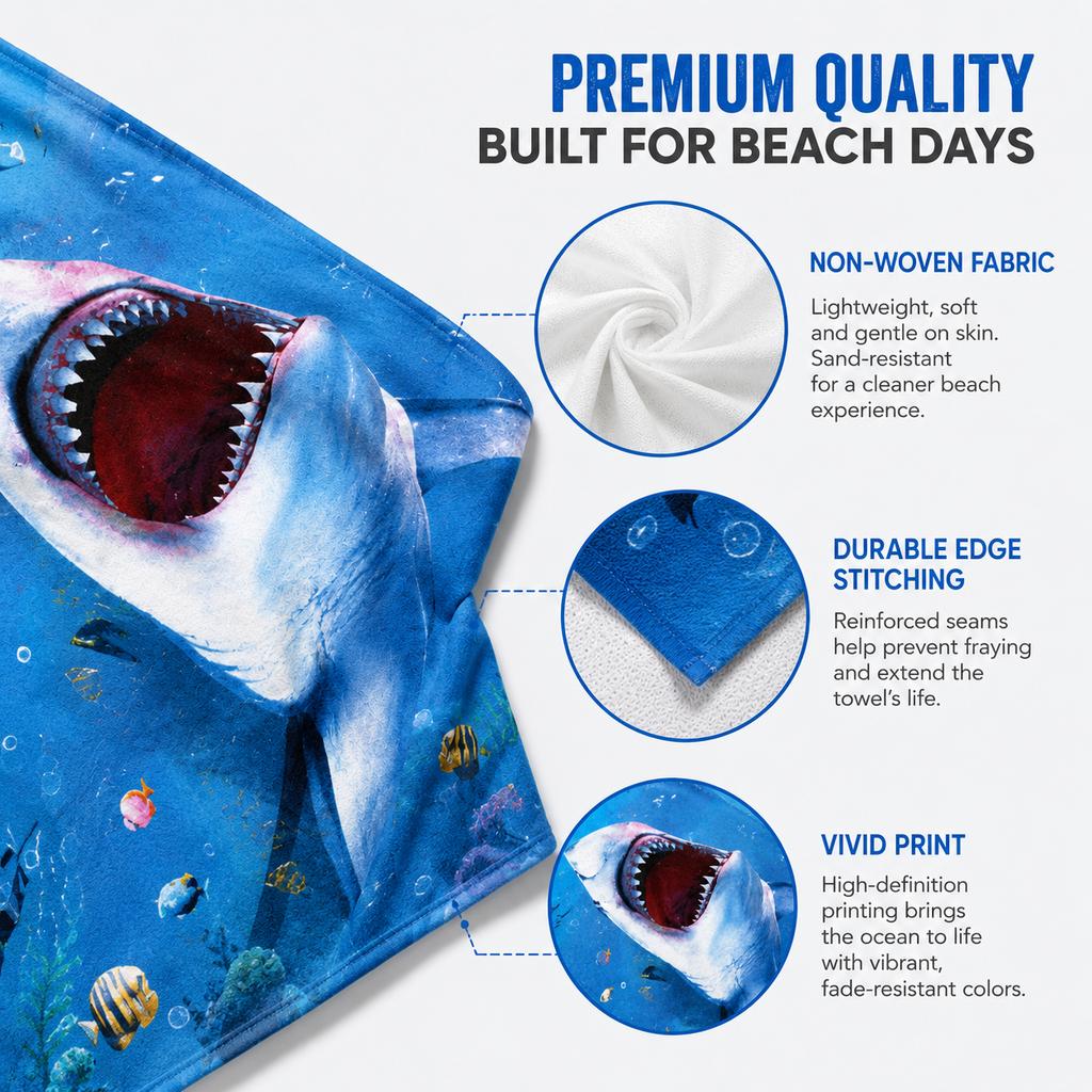 Cool Shark Beach Towel 3D Ocean Print Quick Dry Pool Bath Towel For Men Boys Kids Summer Vacation Travel Accessory