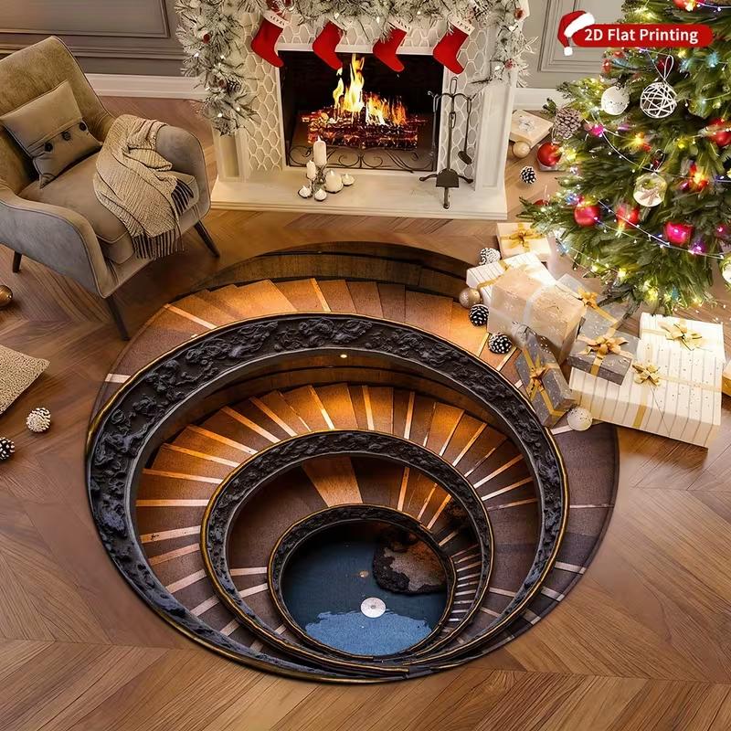 3D Effect Printed Spiral Staircase Round Carpet Vintage Castle Library Rug Medieval Style Home Decor Absorbent Non-Slip Doormat