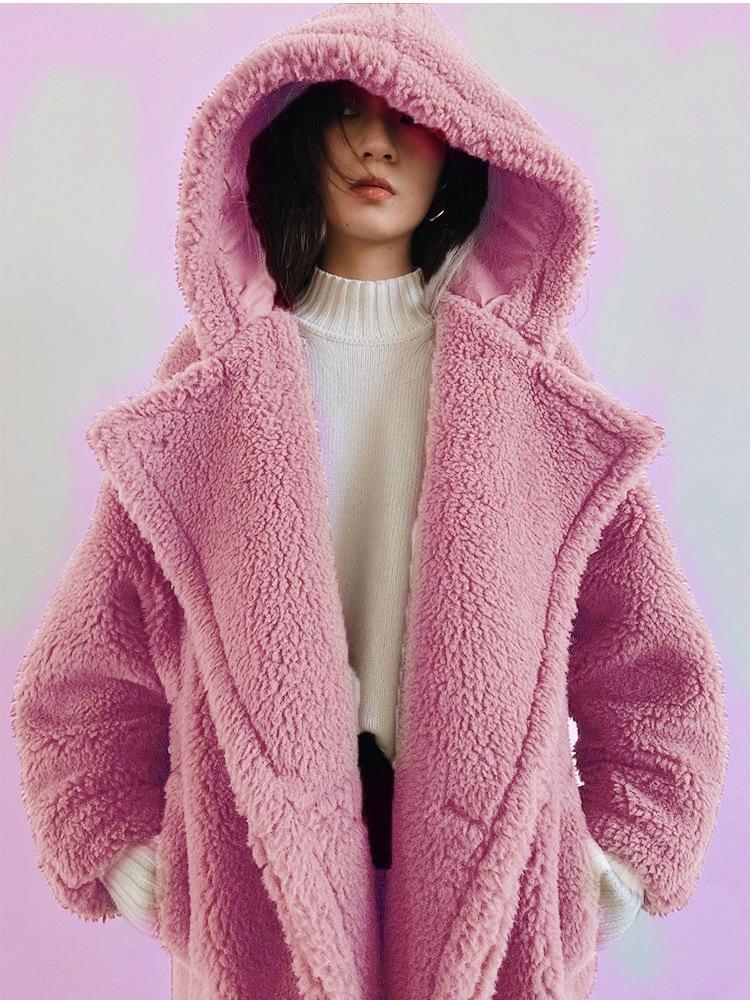New Women's Winter Faux Fur Coat Long Lapel Hooded Plush Teddy Jacket Female Fluffy Thick Warm Plus Size Overcoat Outerwears