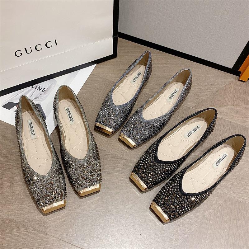 Spring Fashion Shallow Mouth Rhinestone Evening Breeze Gentle Soft Sole Doudou Shoes Square Head Flat Sole Single Shoes Women