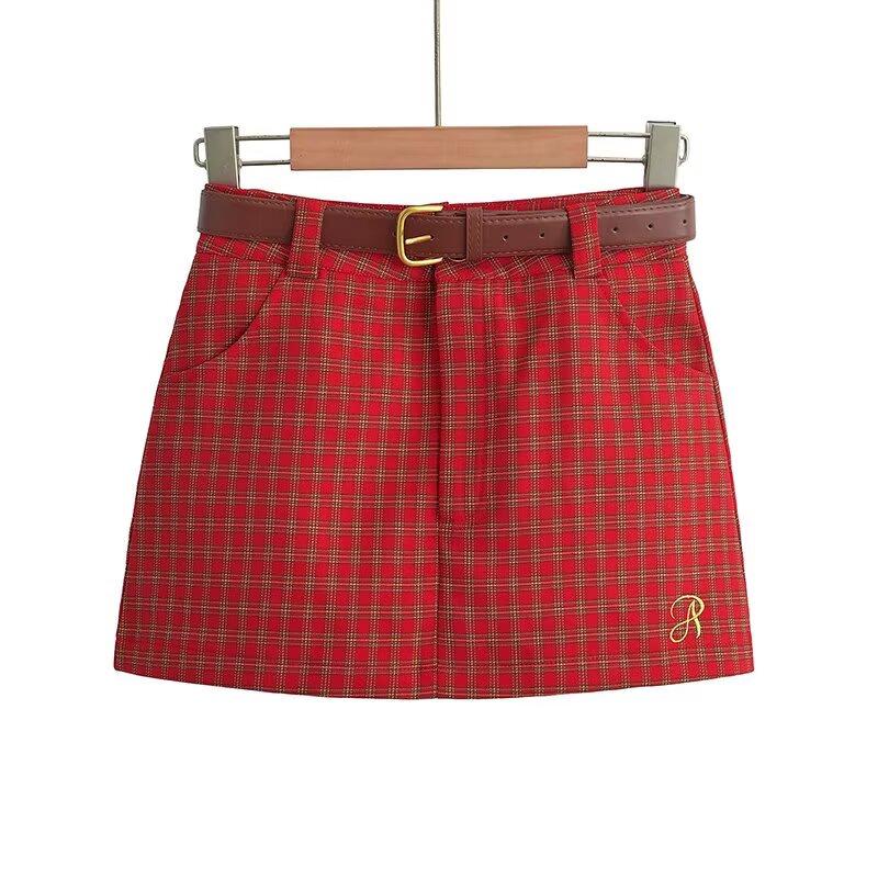 Korean Retro Plaid Short Skirt with Letter Embroidery - Women's Slimming A-line Style