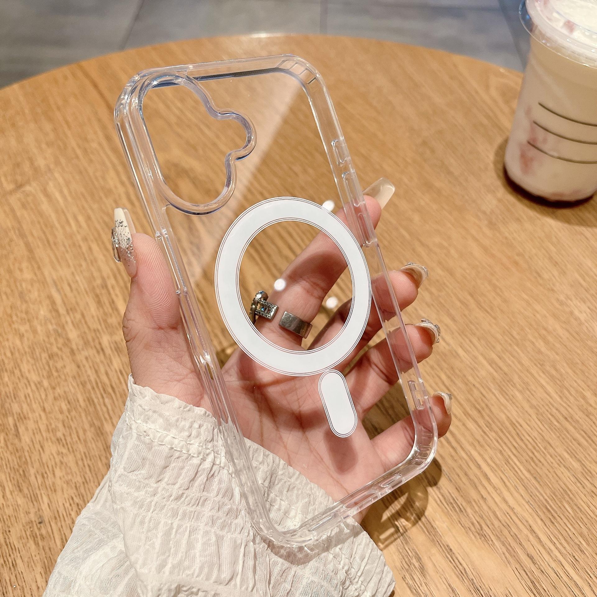 

IPhone 16promax Mobile Phone Case 14pro Acrylic Large Hole Transparent Magnetic Suction Suitable for Apple 15 Simple 16E iPhone 16promax