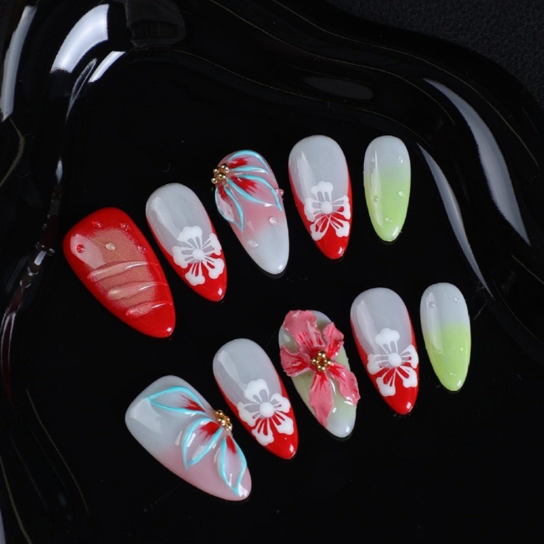 Handmade Almond Wearable Nails: Hand-Painted, Carved, French/European Style, New Arrivals. Extra Small