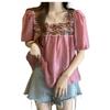Women's Embroidered Shirt Loose Square Collar Lace Border Patchwork Ladies Blouse Spring Fashionable Trendy Famale Short Sleeved Top