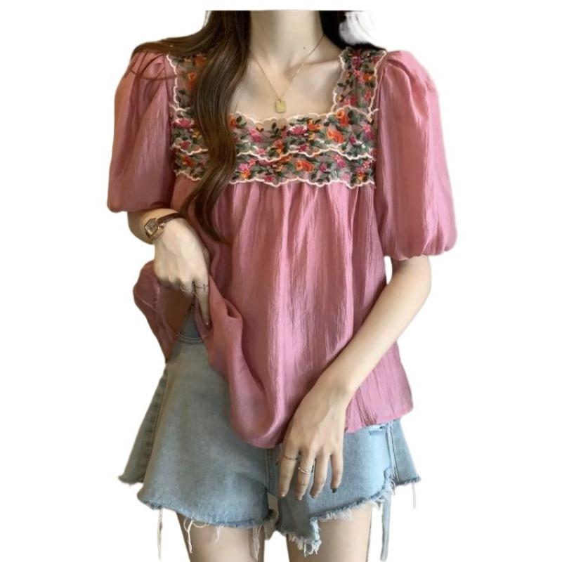 Women's Embroidered Shirt Loose Square Collar Lace Border Patchwork Ladies Blouse Spring Fashionable Trendy Famale Short Sleeved Top