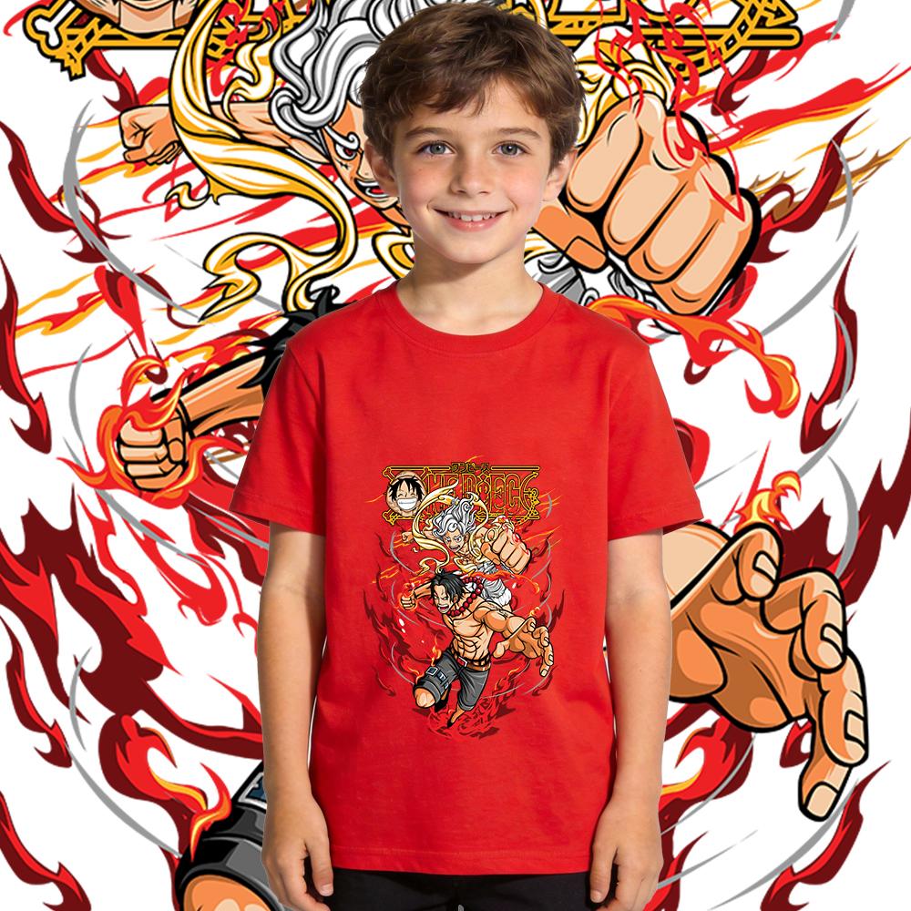 One Piece Luffy Ace Anime Print Boys Girls Cotton T Shirt Casual Summer Tee Kids Crewneck Short Sleeve 100