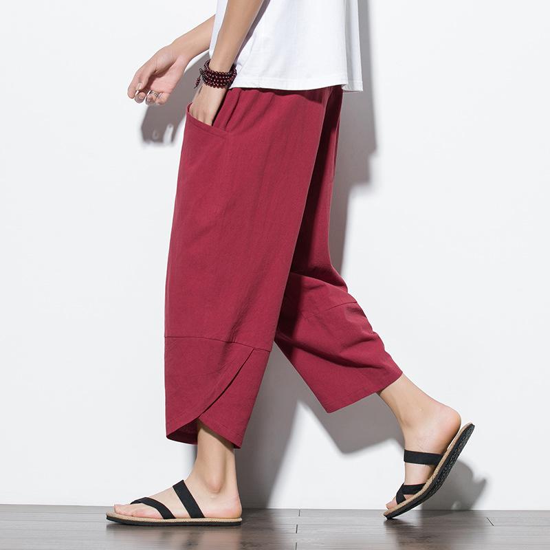 Pantalon Harem Homme Été Style Chinois Coton Lin Streetwear Rétro Shorts de Plage Pantalon Décontracté Mi-Mollet M-5XL