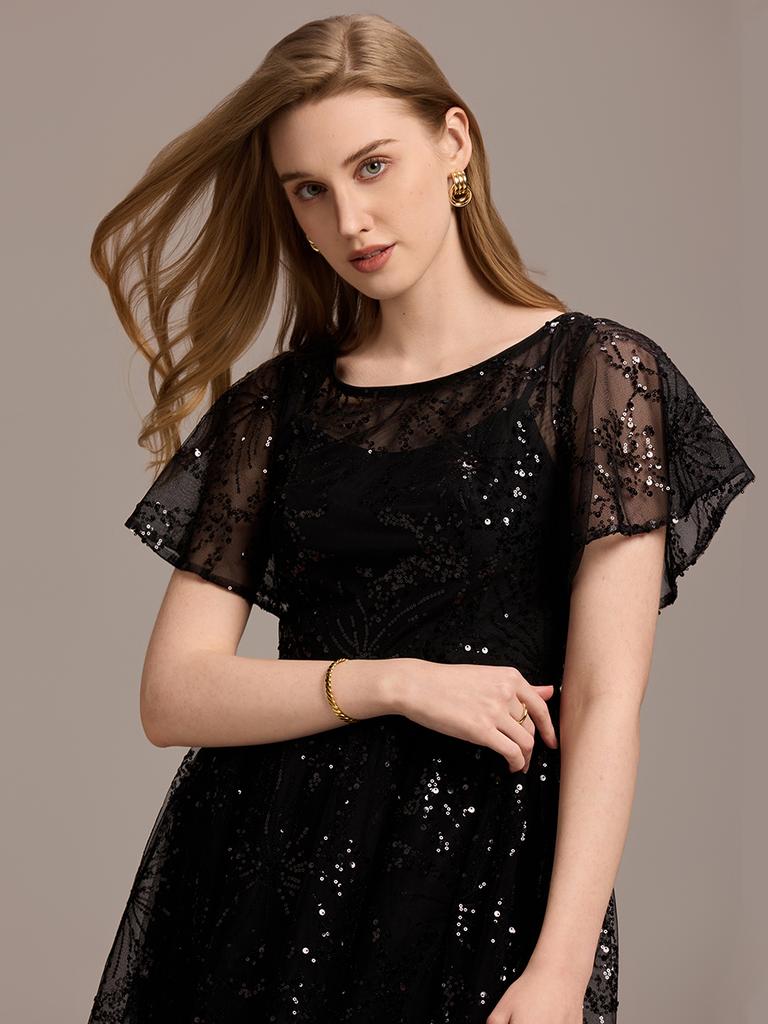 Ever-Pretty Women's Short Sleeve See-through Round Neck A-Line Sequins Midi Wedding Guest Dresses