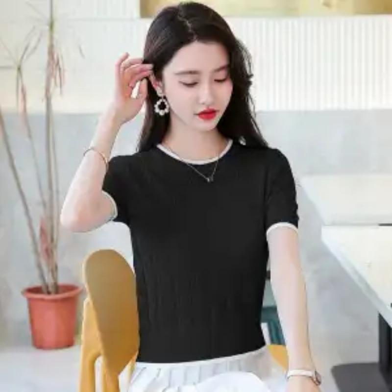 Womens Solid Color Crew Neck Hollow Out Knit Short Sleeve T Shirt