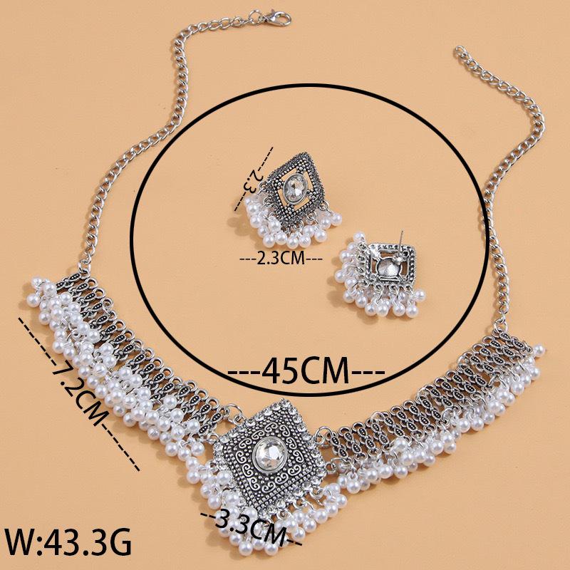 Ethnische geometrische Perlenquaste Rhombus Halsketten- & Ohrring-Set für Damen
