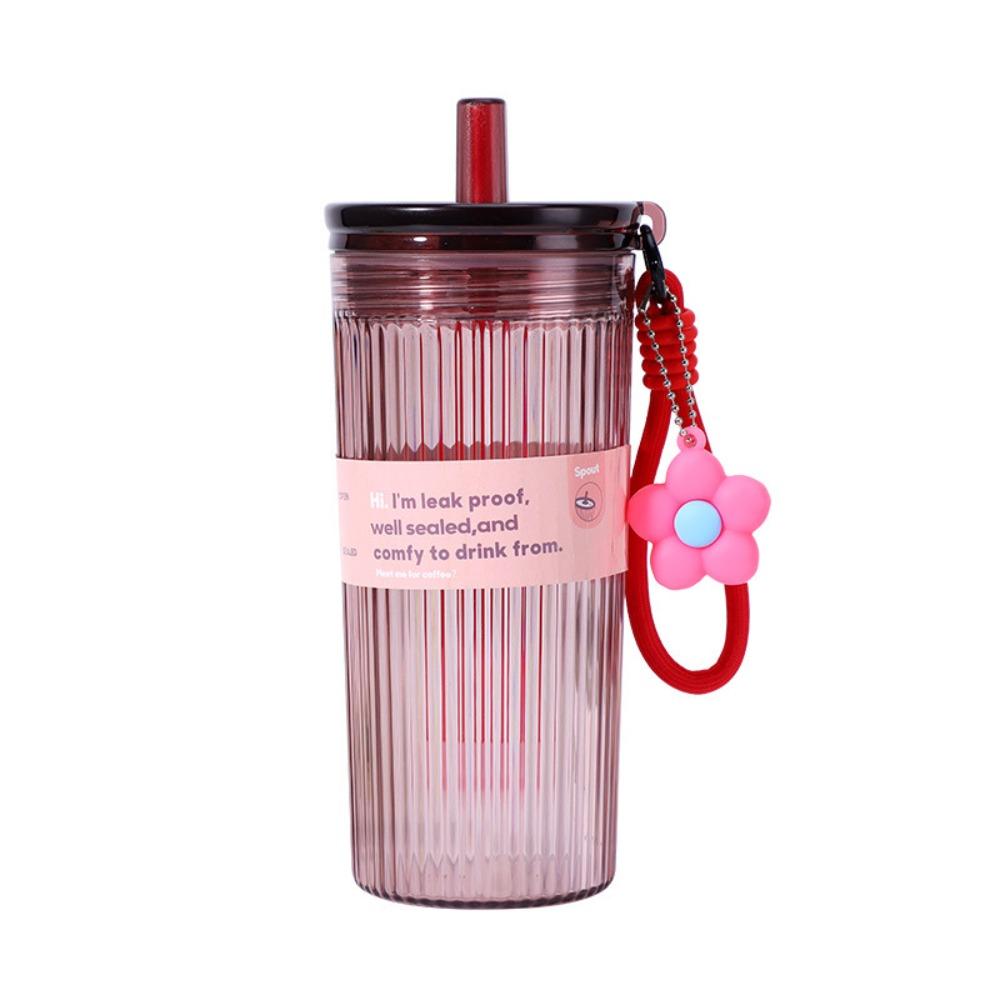 

650ML Large Capacity Summer Plastic Straw Cup Flower pendant Transparent Drinking Cup with Lid & Hanging rope Leak Proof рожевий