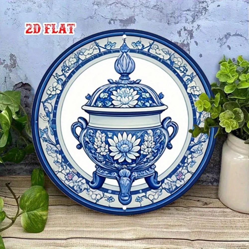 Vintage Blue White Porcelain Floral Metal Sign 7.8 Inch Round Rustproof Wall Decor For Cafe Beach Home Plate Art