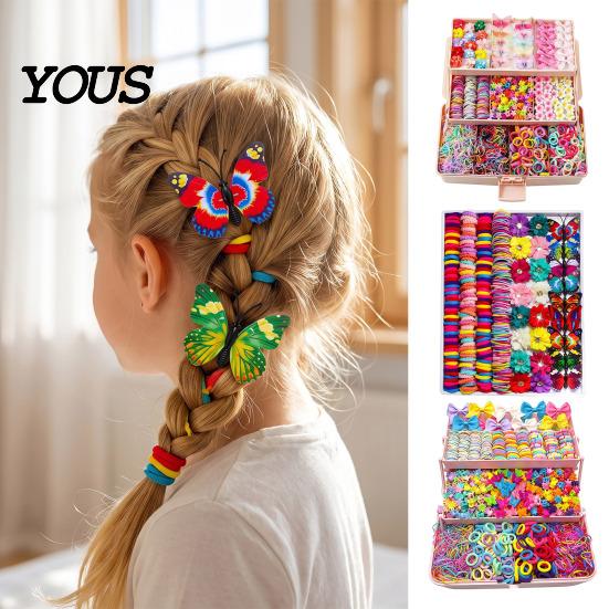 Elastic Fabric Hair Ties Colorful Bands Clips Mini Claw Rubber Versatile Kit with Box for Girls Teens Children, Accessories Daily Styling Everyday