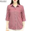ZANZEA Women Turn Down Collar Loose 3/4 Sleeve Stripe Blouse