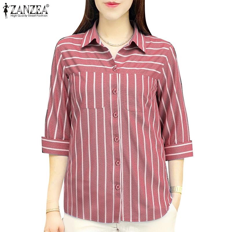 ZANZEA Women Turn Down Collar Loose 3/4 Sleeve Stripe Blouse