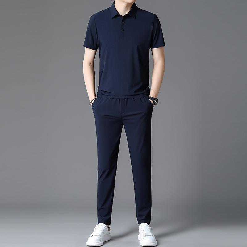 Summer Men's Sports and Leisure Suit Short-sleeved Trousers Home Ice Silk 2-piece Suit