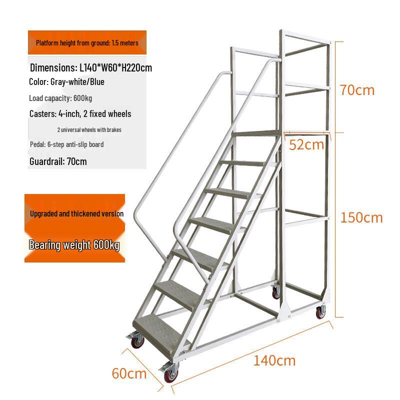 Wheeled Mobile Ladder with Guardrail, Anti-slip Platform for Safe Warehouse Stocking