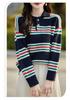 2024 Women's Color Block Striped Cashmere Knit Polo - Slimming Long Sleeve Top
