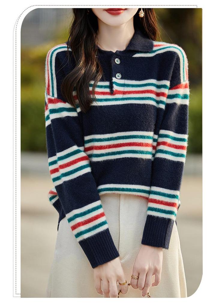 2024 Women's Color Block Striped Cashmere Knit Polo - Slimming Long Sleeve Top