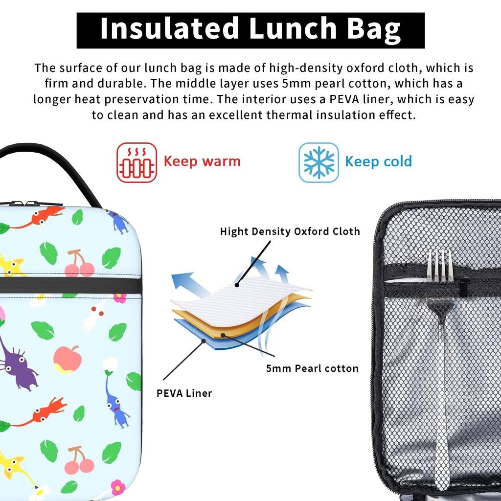 Cute Pikmins Pattern Insulated Lunch Bag High Capacity Reusable Cooler Bag Tote Lunch Box College Travel Bento Pouch