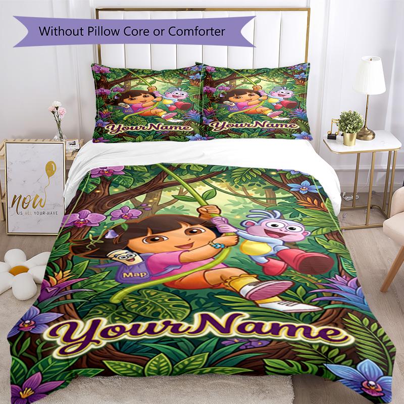 Dora l'Esploratrice Personalizza il tuo nome Set Biancheria da Letto Copripiumino Traspirante con Federe Decorazione per la Casa Regalo di Compleanno