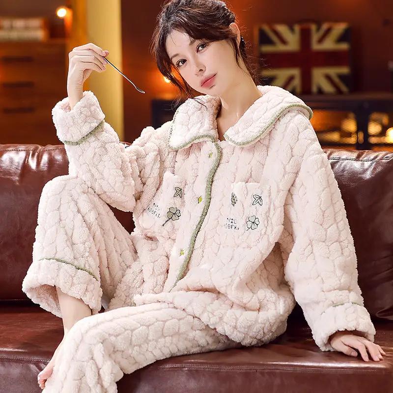 Winter Pajamas Ladies Coral Velvet Flannel Thickened Plus Sleepwear Women Household Clothing Set Famale Zipper Suit Outsidewear