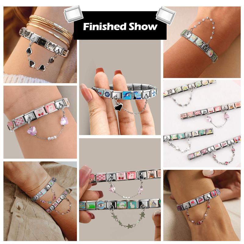 Flowers Moon Star Butterfly Heart Zircon Tassel Chain Italian Charm Links Fit 9mm Bracelet Stainless Steel DIY Jewelry Making