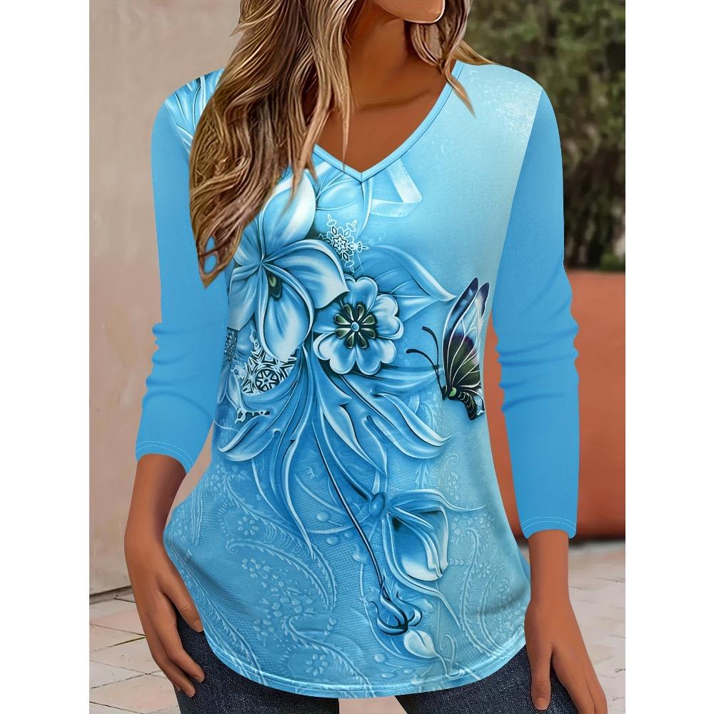 

Осенняя женская мода Футболка с цветочным принтом, длинным рукавом и V-образным вырезом, свободный повседневный топ, женская одежда S