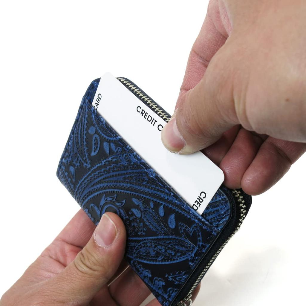 Baggy Port Coin Leather with Paisley Embossed Case, Indigo-Dyed Pattern, Men's, Women's, Unisex, ZYS-199 (Dark Blue)