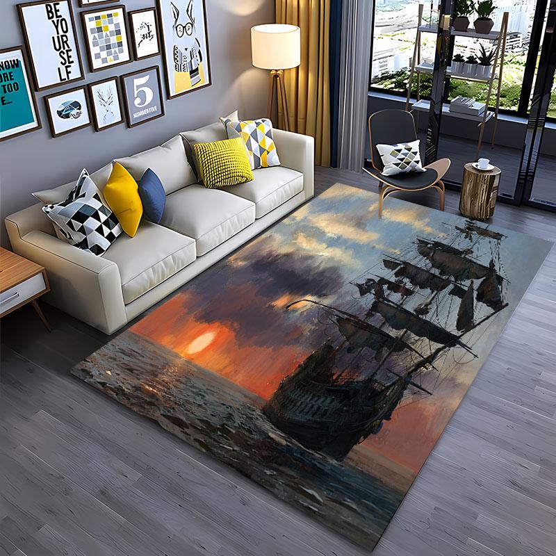 3D Pirate Ship Boat, Large Area Carpets for Home Living Room  Children's Bedroom Sofa Doormat Kitchen Floor Rugs Anti-slip Decor
