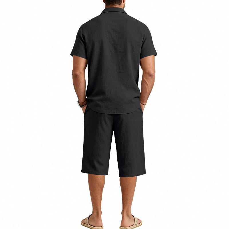 Summer Men's Casual Sportswear Sets Lapel Men's Short-Sleeved Shirt and Shorts Solid Beach Set