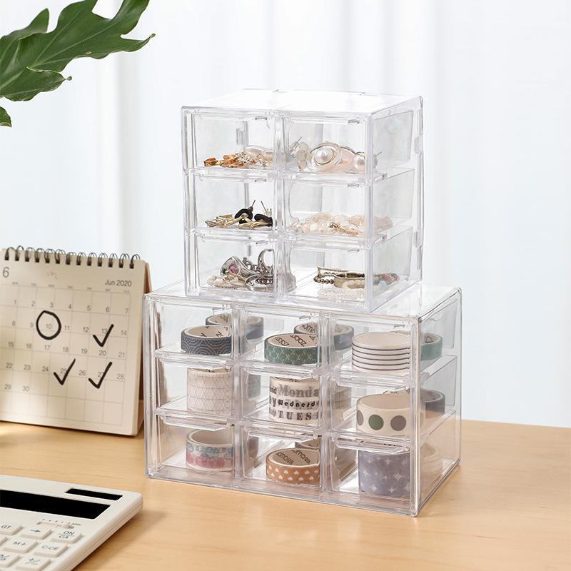 Boîte de rangement transparente à neuf compartiments, six compartiments, anti-poussière, pour papeterie, bijoux, cosmétiques, étudiants