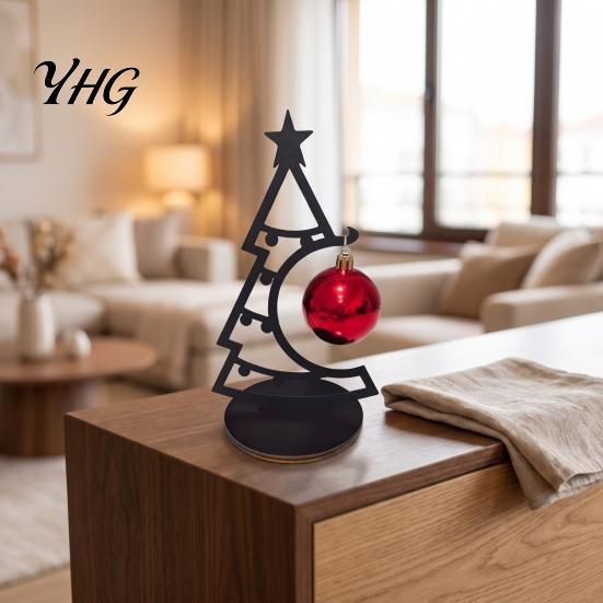 Metal Tabletop Ornament Christmas Tree Table Decoration, Line Art Holiday Sculpture with Hollow Ornaments Red Ball for Xmas Party Desk, Shelf, Mantel