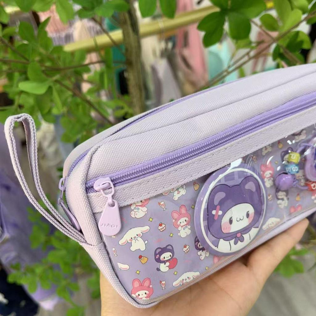 Stylish Double-Layer Canvas Pencil Case for Kids - Cute Badge Design, Large Capacity, Perfect for Primary Students