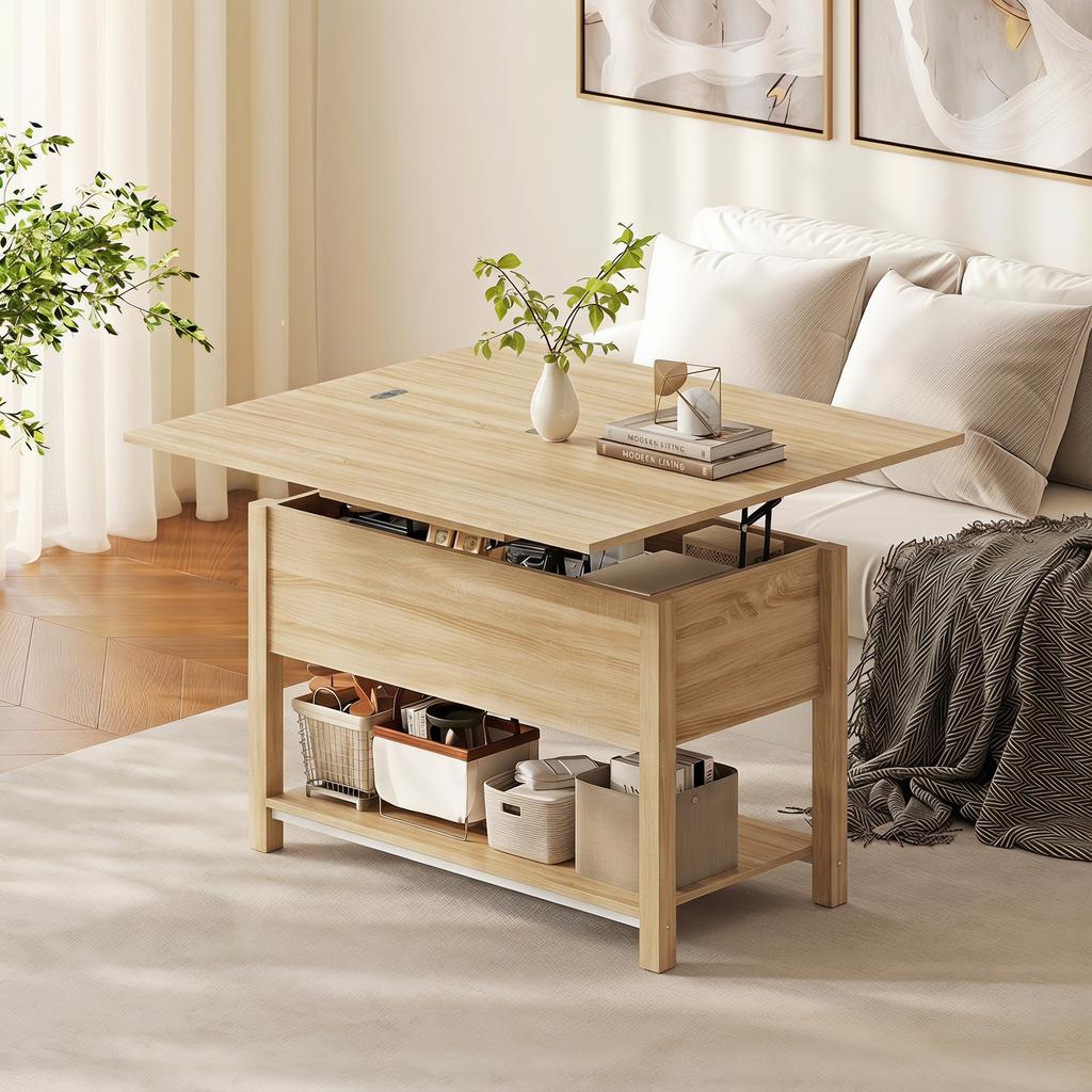 Lift-Top Extendable Coffee Table, Hidden Compartment, Open Shelf, 100 x 45 x 50.5 cm, Natural Wood