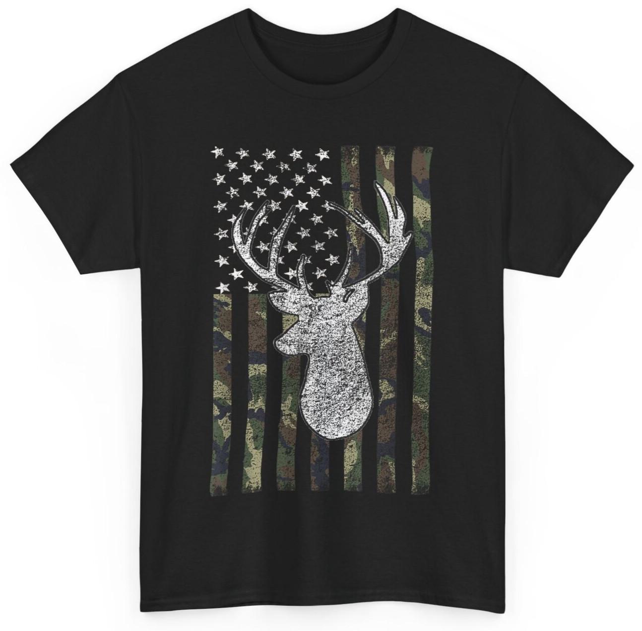 Whitetail Buck Deer Hunting American Camouflage USA Flag Short Sleeve T-shirt XXL